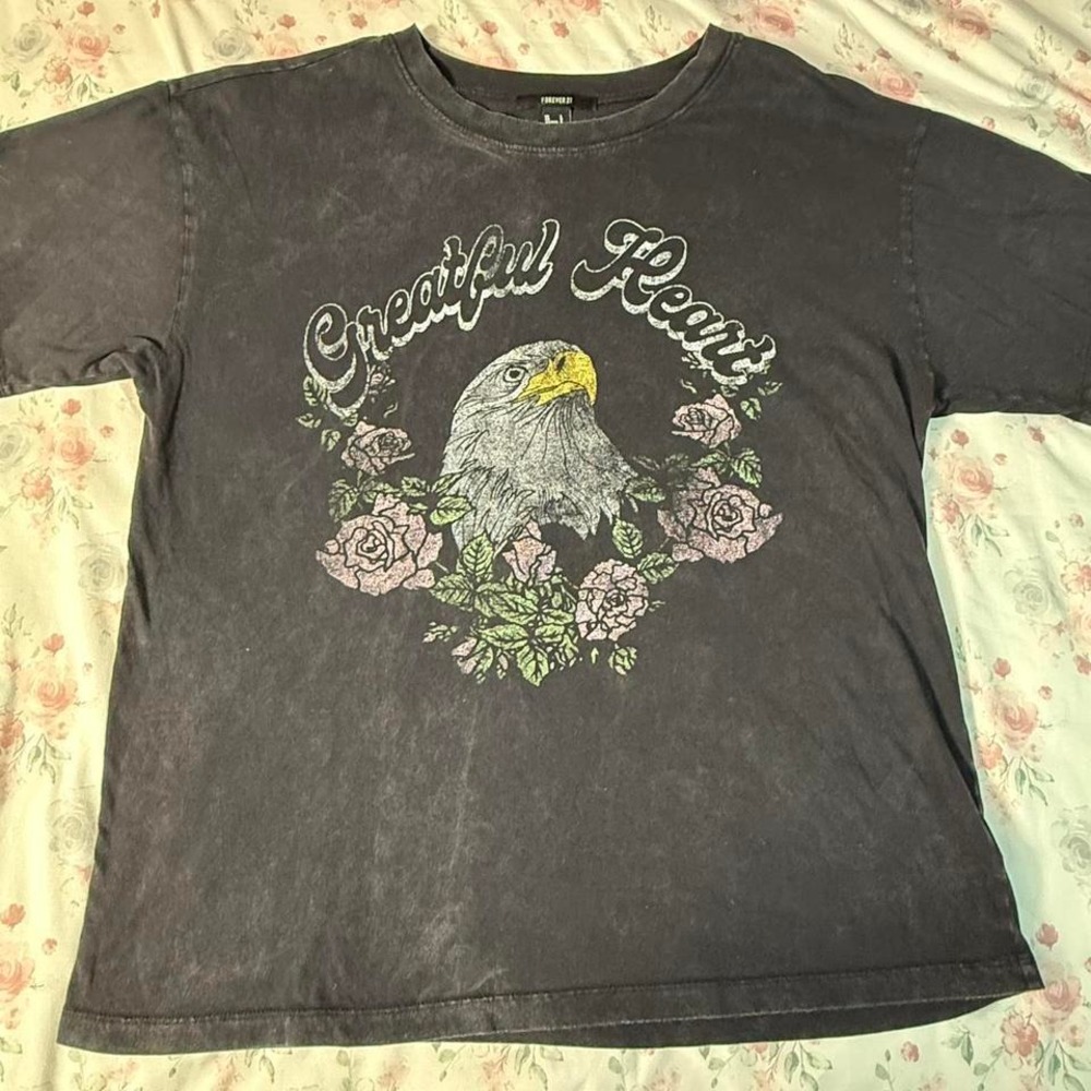 Forever 21 Grateful Heart Eagle Graphic Tee Distressed Black Women's L